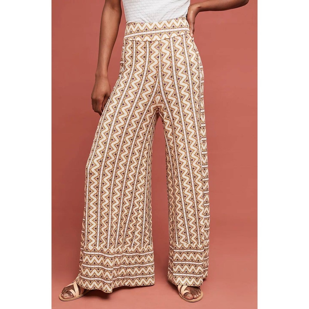 Farm Rio Anthropologie Wide Leg Pants Size M Tan Geometric Knit Pull On Boho - Picture 3 of 14